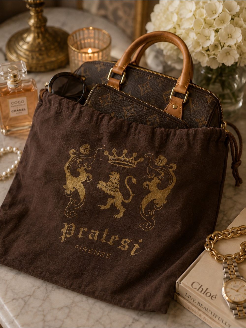 Authentic Pratesi Firenze Luxury Handbag Dust Bag Cover Gold Crest 11x13”